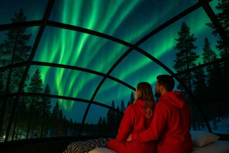 Ein Paar in roten Daim-Onesies sitzt auf einem Bett in einem verglasten Iglu und blickt auf die leuchtenden Nordlichter.
